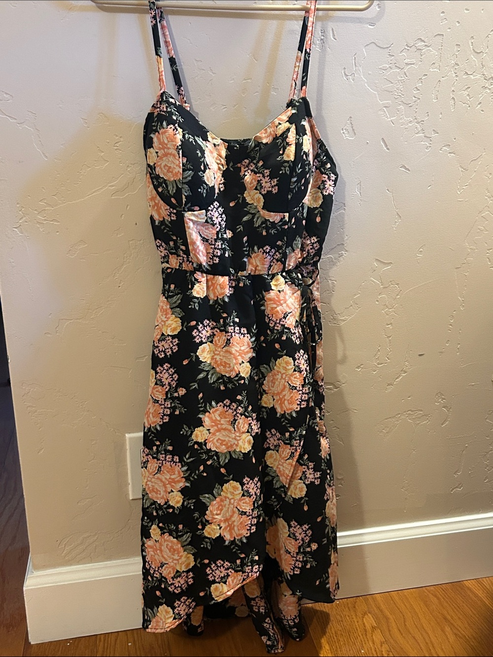 Lily Rose Black Strapless Floral Midi Dress with Peach Blooms